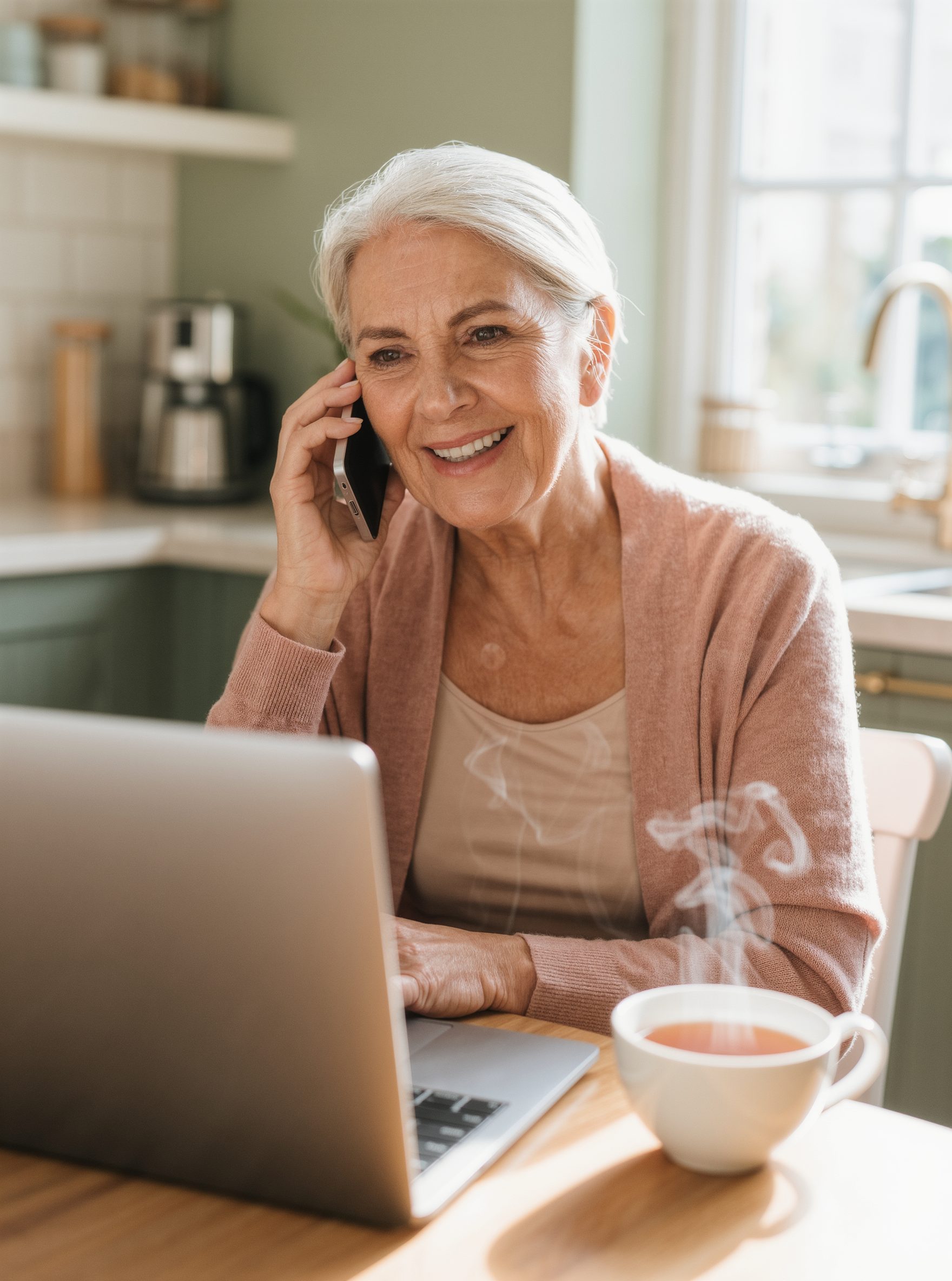 Woman on a call at her kitchen table