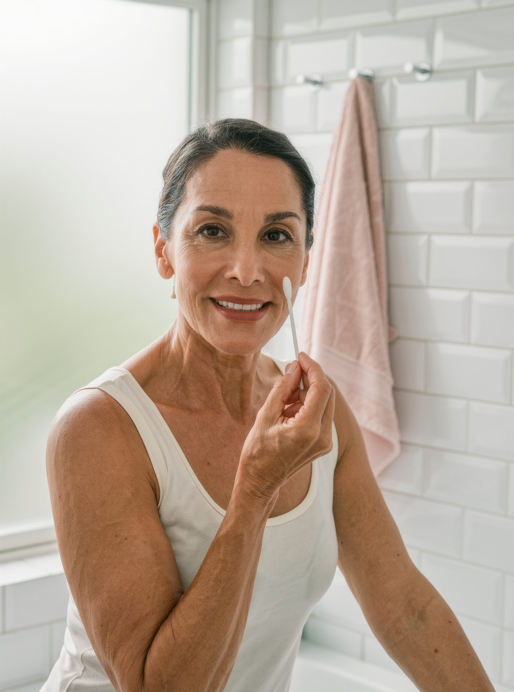 Woman taking a cheek swab at home
